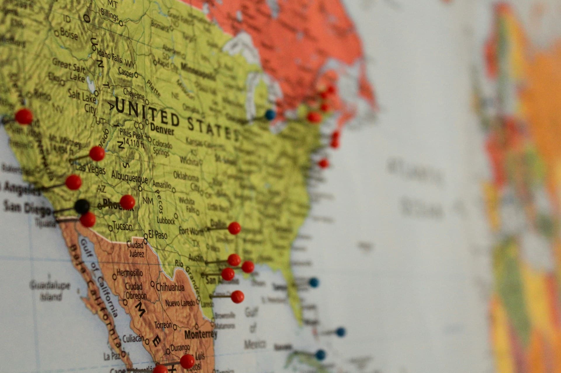 Close-up of the United States on a map